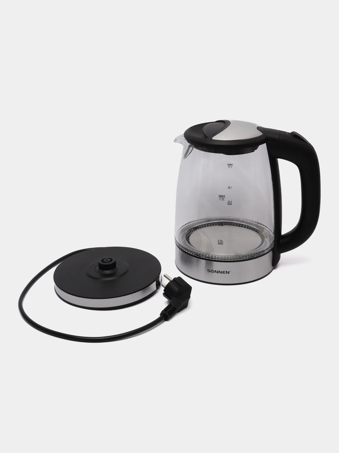 Чайник SONNEN KT-1788, 1,7л, 2200Вт, стекло, черный, подсветка, 454349