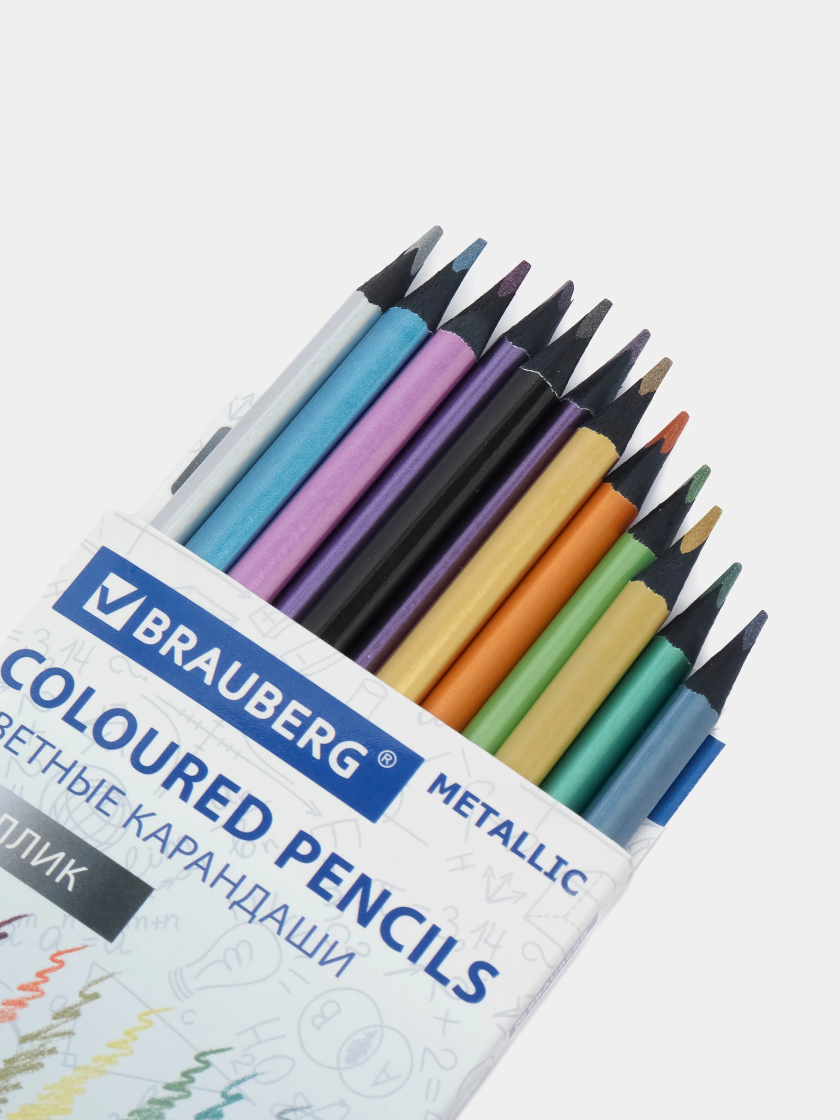 Карандаши цветные BRAUBERG METALLIC, 12 цветов металлик, черное дерево, трёхгранные