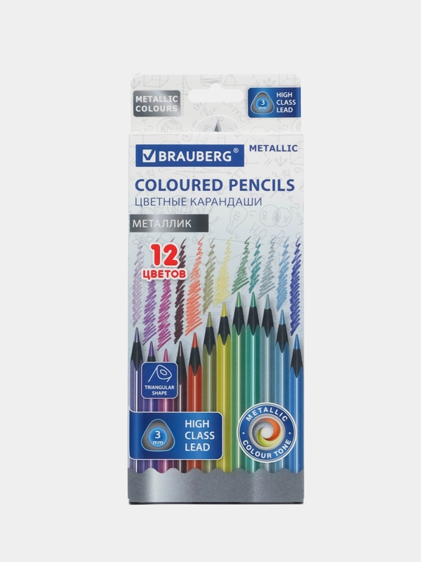 Карандаши цветные BRAUBERG METALLIC, 12 цветов металлик, черное дерево, трёхгранные