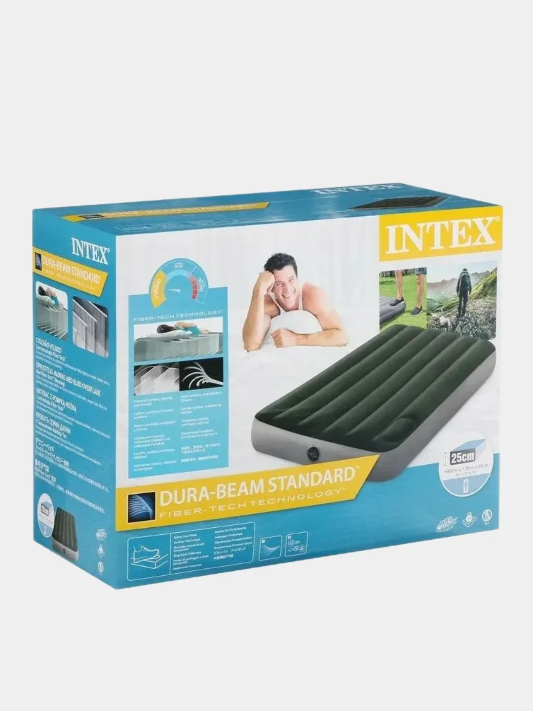 Тёмно-серый надувной матрас Intex + встроенный ножной/на батарейках насос, 99х191х25см / 152х203х25см