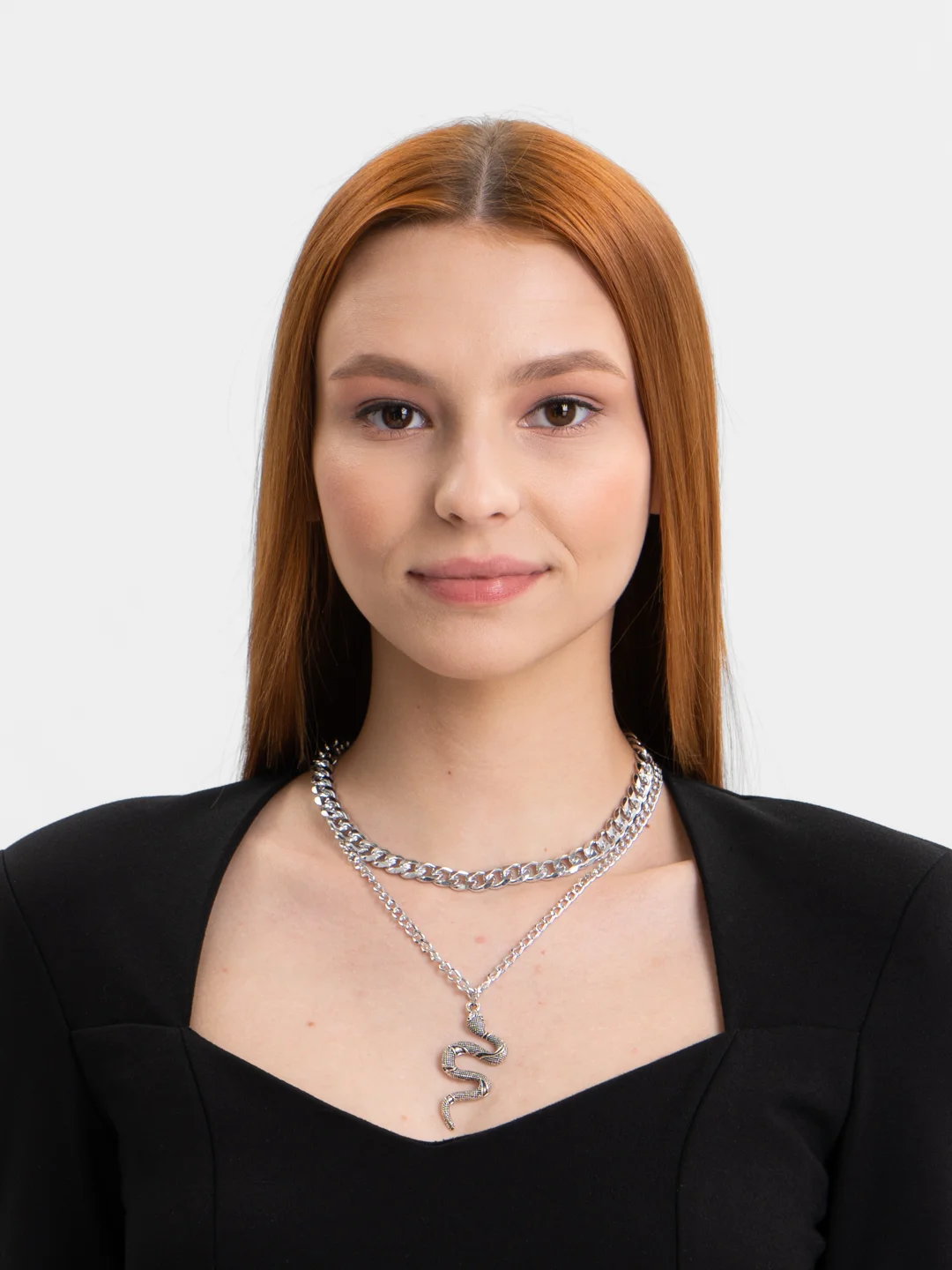 Серебряный двойная цепочка на шею с подвесткой змея, цепь змея, ожерелье