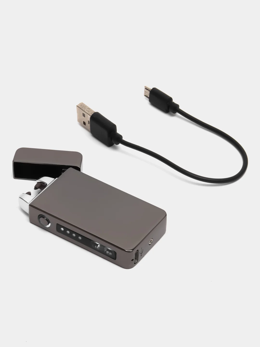 Хром зажигалка электрическая импульсная с двойной дугой,  LED дисплеем и USB зарядкой