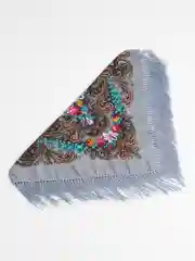 Серый металлик платок женский, в русском стиле, с бахрамой, с цветами