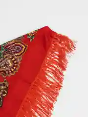 Алый платок женский, в русском стиле, с бахрамой, с цветами