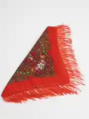 Алый женский русский платок, с бахромой