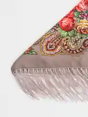 Светло-бежевый женский русский платок, с бахромой