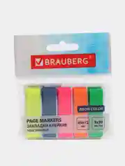 Закладки клейкие BRAUBERG, неоновые, пластиковые, 45 х 12 мм, 5 цветов х 20 листов
