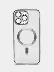 Серебряный магнитный чехол MagSafe iPhone 14 Plus Pro Max с гальваническим покрытием