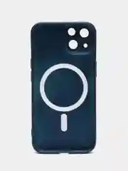 Синий цветной магнитный чехол MagSafe на iPhone 14 Plus Pro Max с защитным стеклом камеры