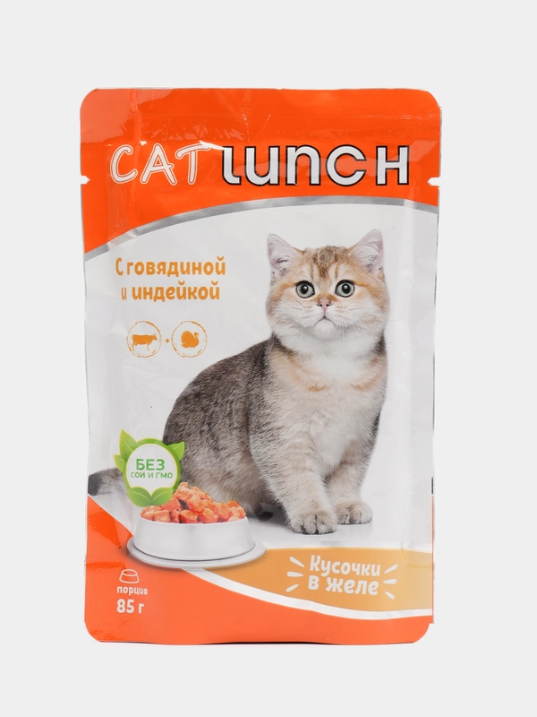 Влажный корм Cat Lunch для кошек, кусочки в желе с говядиной и индейкой, пауч, 5*85 г