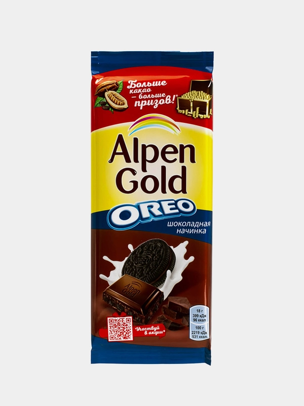 Шоколад молочный ALPEN GOLD, с шоколадной начинкой и кусочками печенья "Oreo", 85г