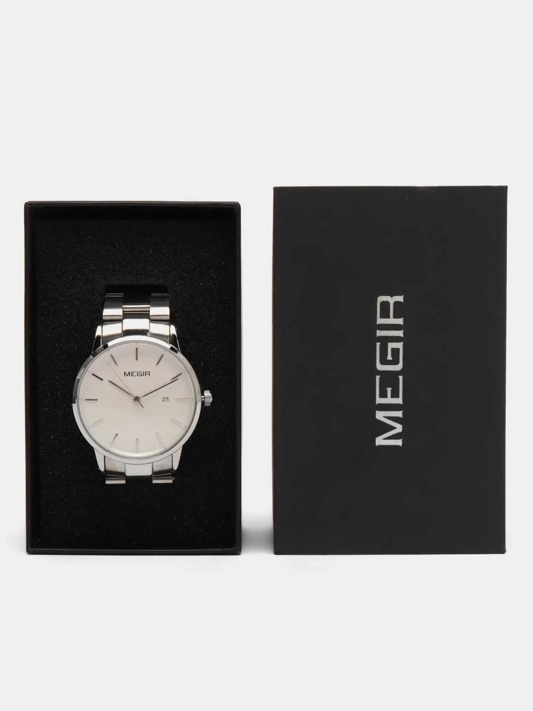 Серебряный мужские наручные часы Megir MS2164G, с календарём, в подарочной упаковке