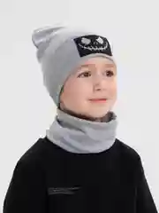 Серый демисезонный комплект шапка и снуд . Весенняя шапка 4-9 лет