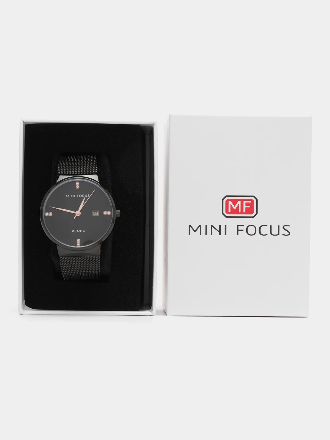 Черный женские наручные часы Mini Focus MF0181G с календарём, в подарочной упаковке