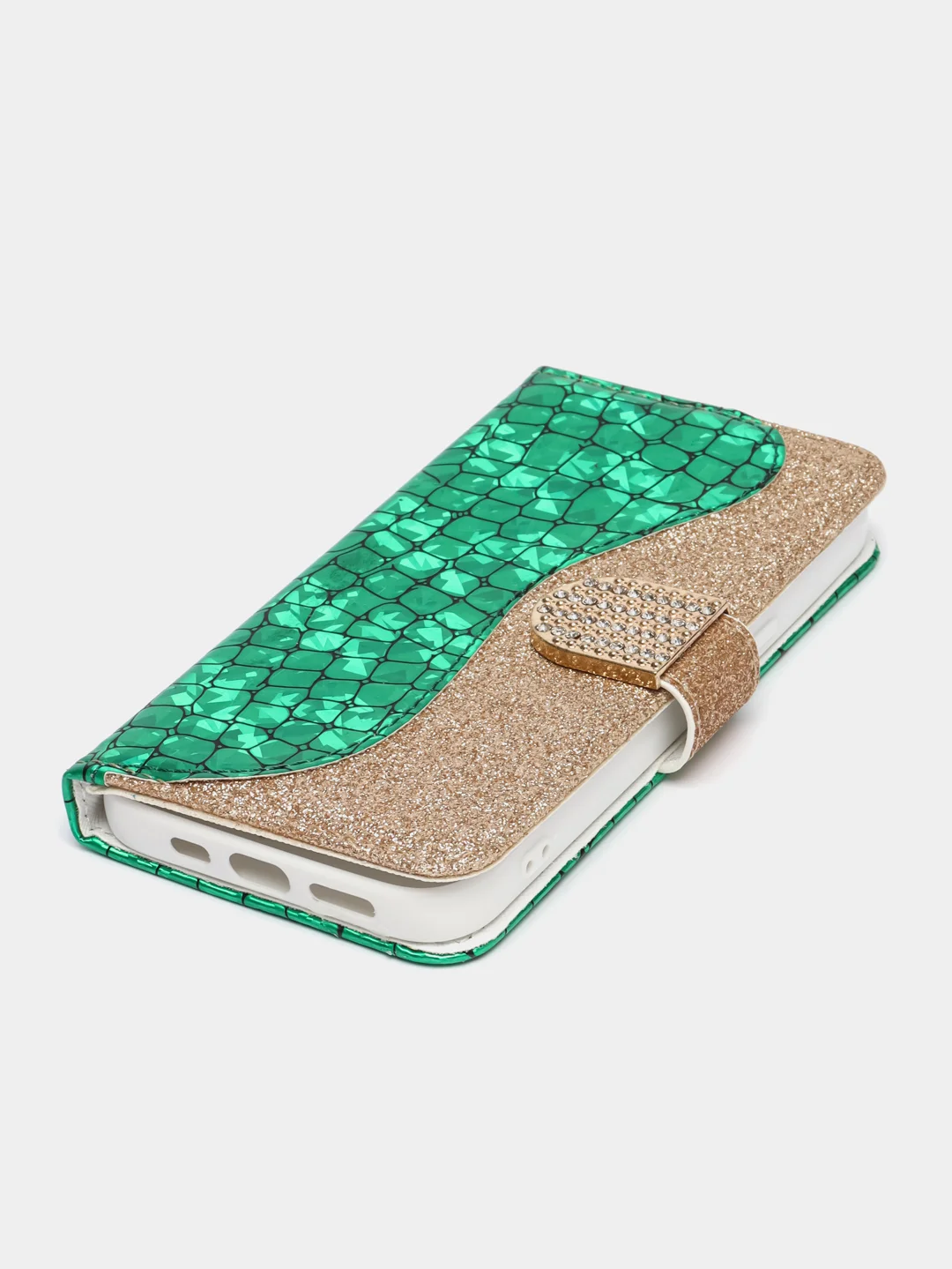 Бирюзовый чехол-книжка со стразами для iPhone 11, 12, 13, 14