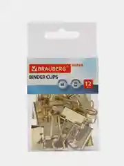 Зажимы канцелярские золотые для бумаг для офиса набор BRAUBERG EXTRA, КОМПЛЕКТ 12шт 229586
