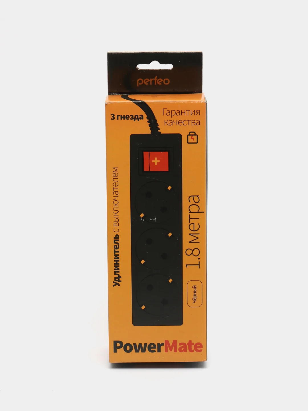 Черный удлинитель с выключателем Perfeo Powermate, 3 розетки