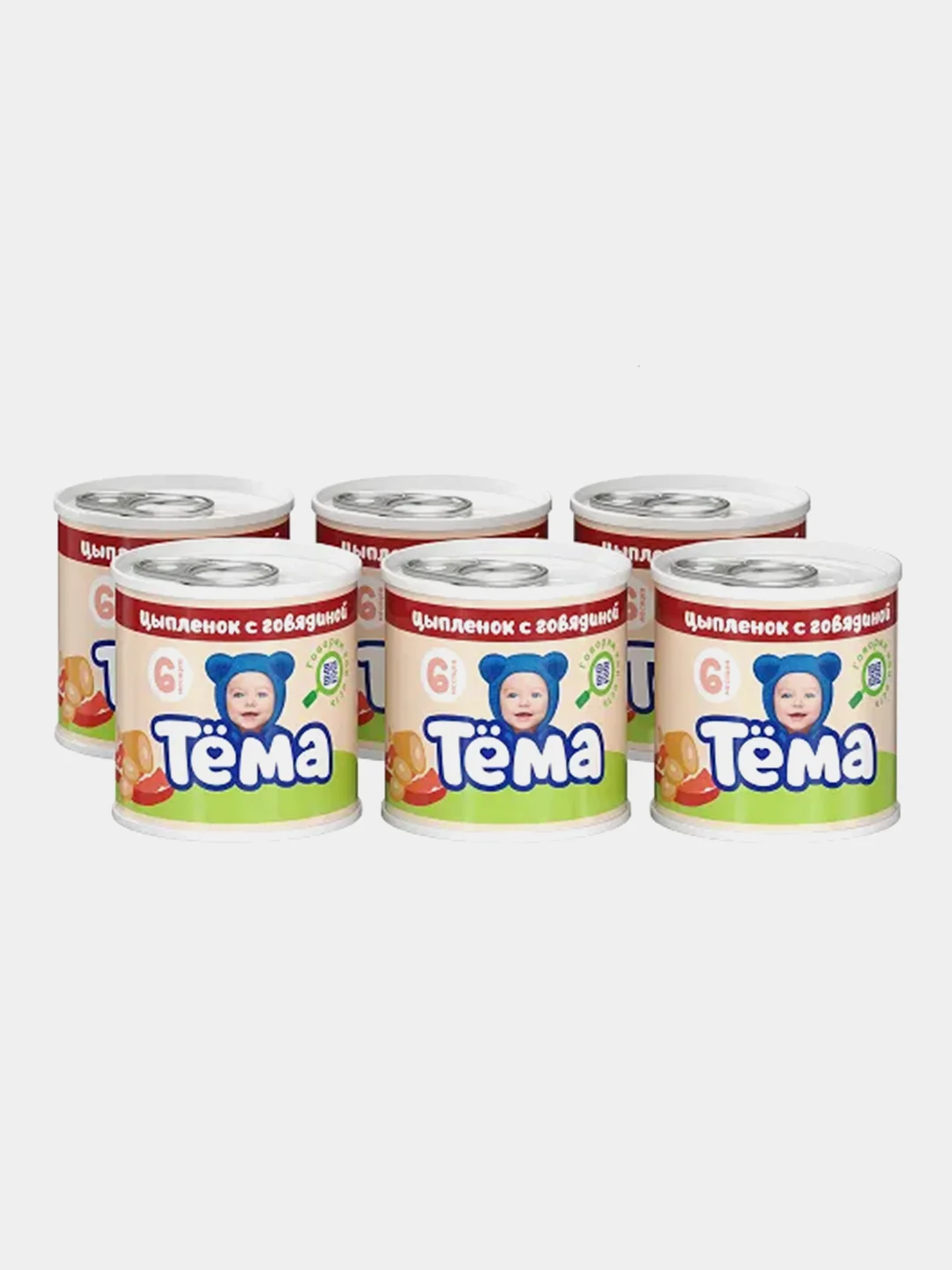 Пюре детское Тема, цыплёнок с говядиной, с 6 месяцев, 6 штук по 90 г