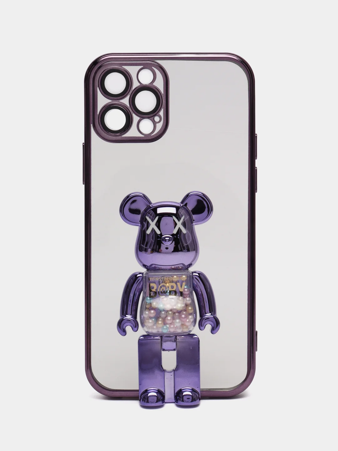 Фиолетовый чехол на Айфон с BearBrick медведь держателем подставкой IPhone XR, 11, 12, 13, 14 Pro Max
