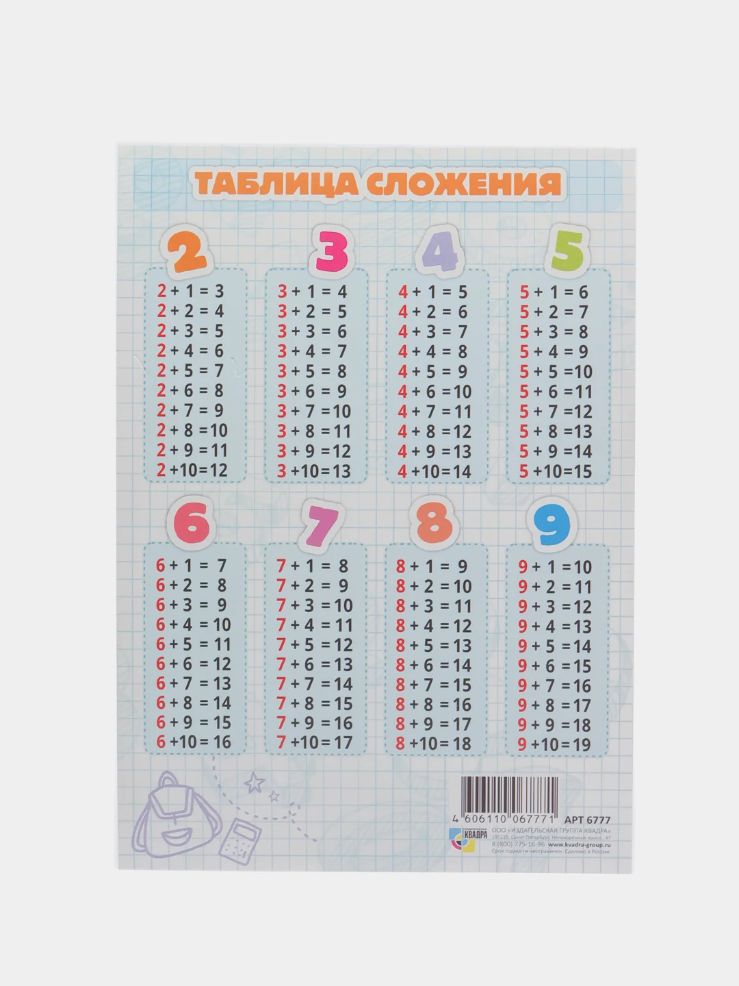 Желтый обучающая карточка А5: Таблицы "Сложения", "Вычитания", "Умножения", "Деления"