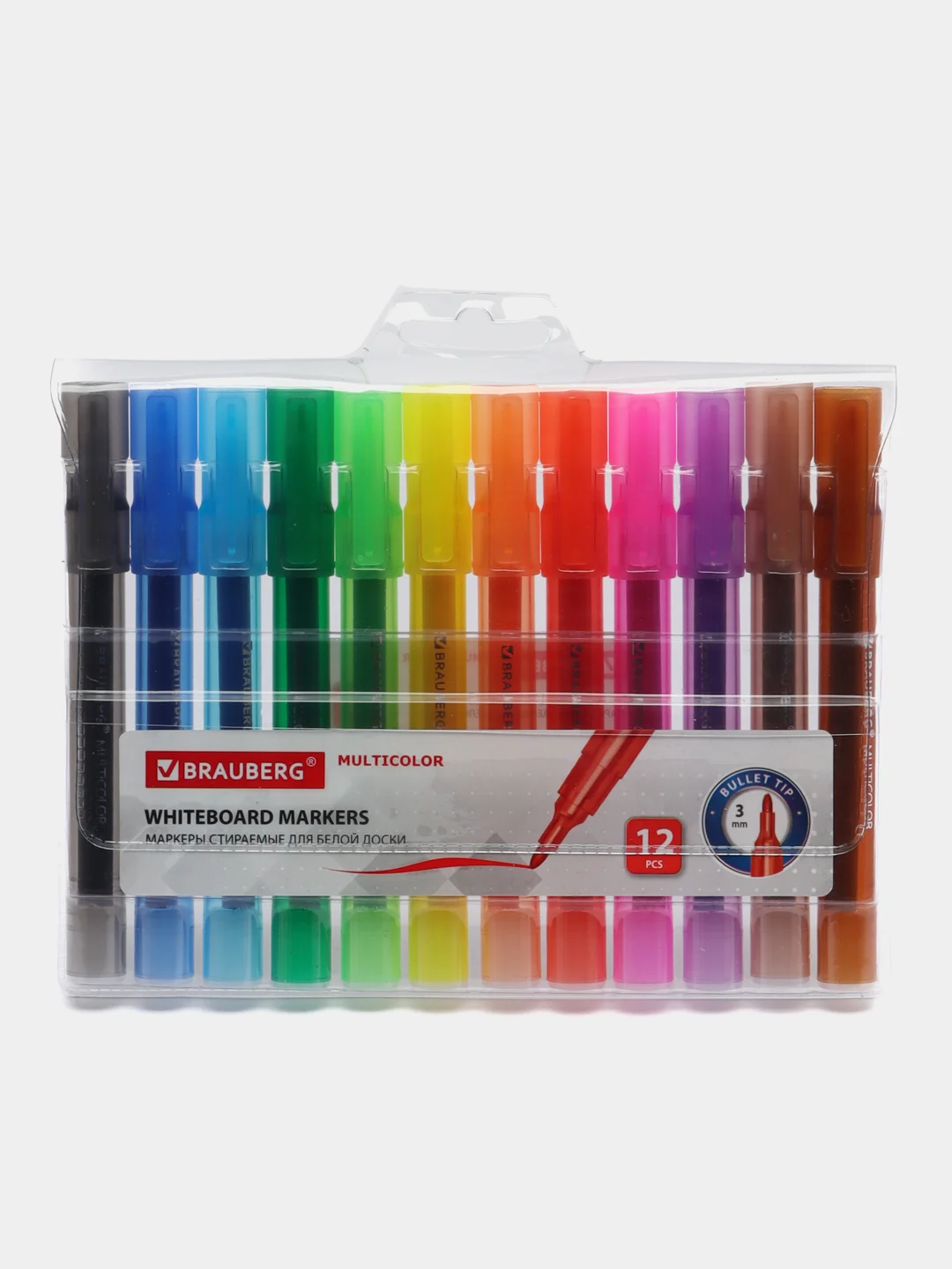Маркеры стираемые для белой доски НАБОР 12 ЦВЕТОВ, BRAUBERG "MULTICOLOR", 3 мм, 152121