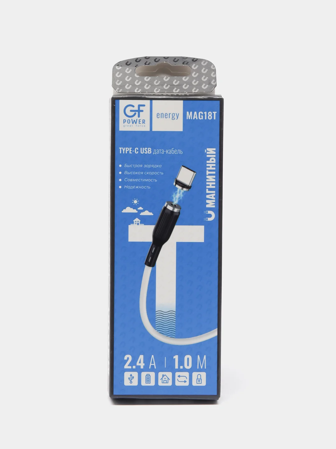 Белый кабель зарядки Type-C GFPower MAG18T, магнитный, 1 метр, 2.4A, Android