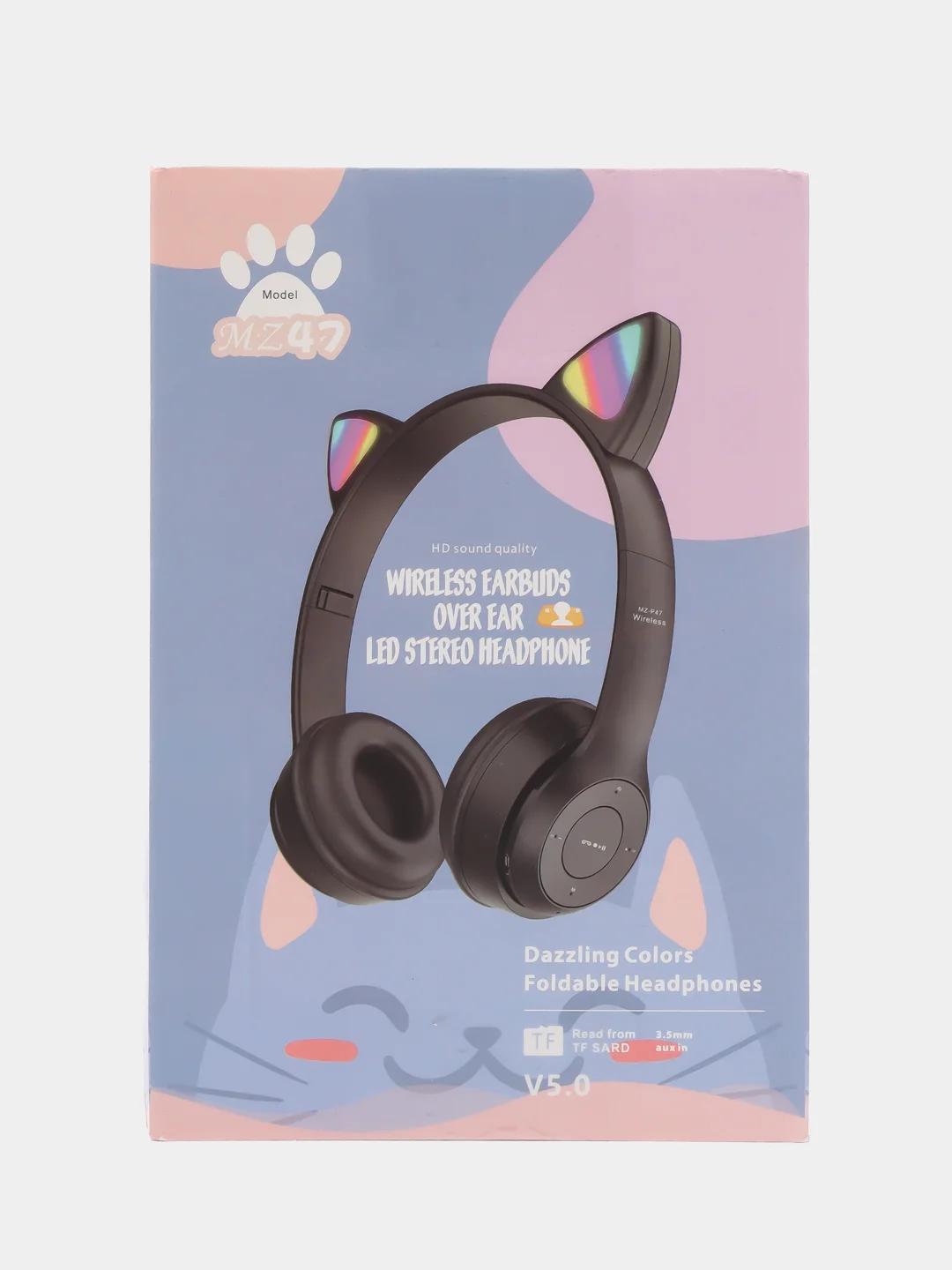 Черный беспроводные наушники светящиеся ушки кошки MZ-P47 Bluetooth 5.0 с микрофоном, FM SD Mp3