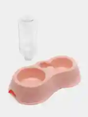 Розовый миска двойная для кошек. Миска с бутылкой. Поилка. Автопоилка