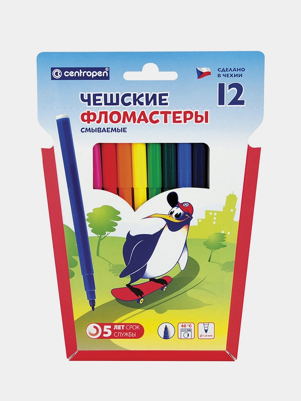 Фломастеры 12 ЦВЕТОВ CENTROPEN "Пингвины", смываемые, вентилируемый колпачок, 7790/12ET