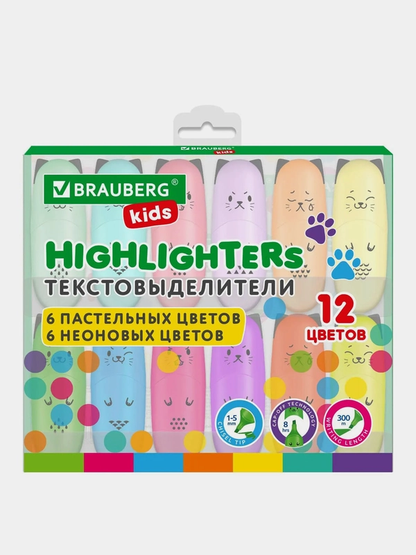Набор текстовыделителей мини 12 ЦВЕТОВ BRAUBERG KIDS "CUTE CATS", линия 1-5 мм, 152437