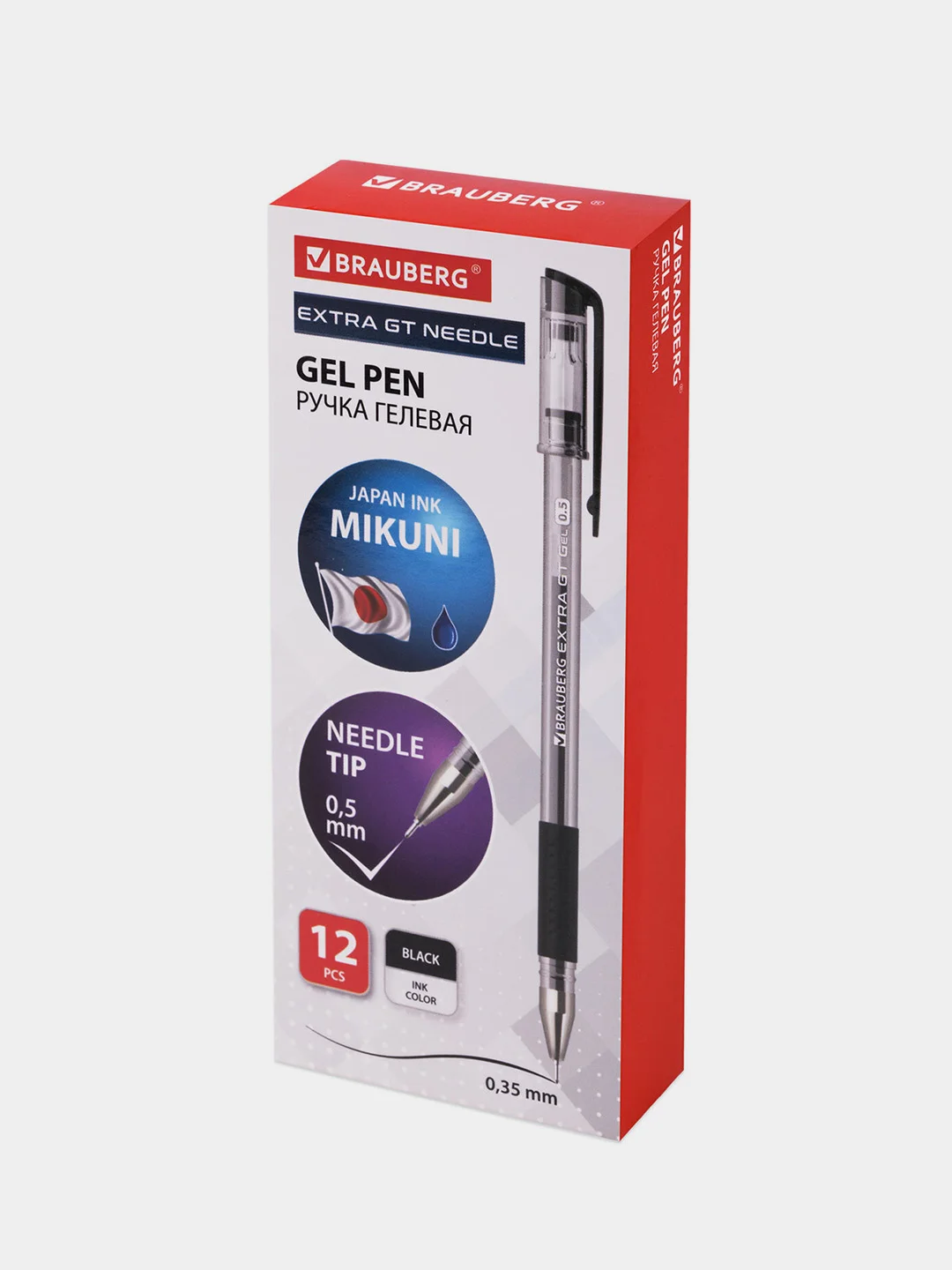 Ручка гелевая с грипом BRAUBERG "EXTRA GT NEEDLE", ЧЕРНАЯ, 12 шт., 143918