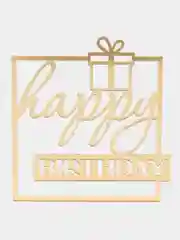 Золотой топпер #Т34 с надписью "Happy Birthday" из зеркального акрила в квадратной рамке для торта