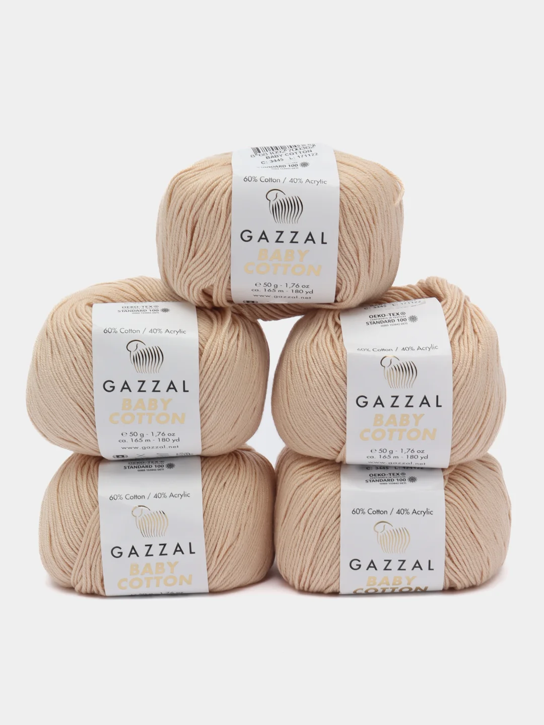 Кремовый пряжа Gazzal Baby Cotton, 5 мотков в комплекте, 40% акрил, 60% хлопок, 50 г, 165 м