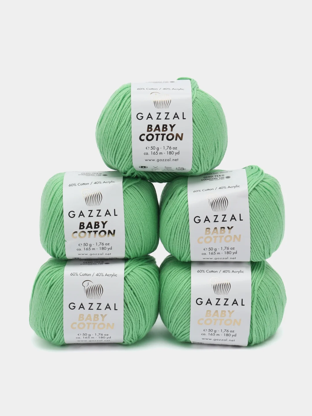 Лесной зеленый пряжа Gazzal Baby Cotton, 5 мотков в комплекте, 40% акрил, 60% хлопок, 50 г, 165 м