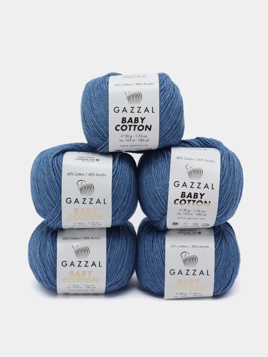Морской пряжа Gazzal Baby Cotton, 5 мотков в комплекте, 40% акрил, 60% хлопок, 50 г, 165 м