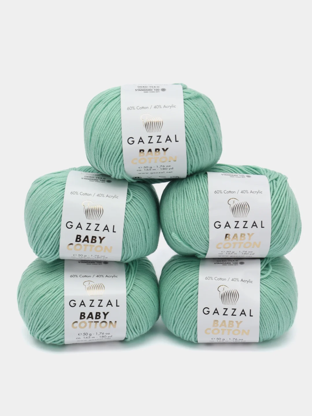 Мятный пряжа Gazzal Baby Cotton, 5 мотков в комплекте, 40% акрил, 60% хлопок, 50 г, 165 м