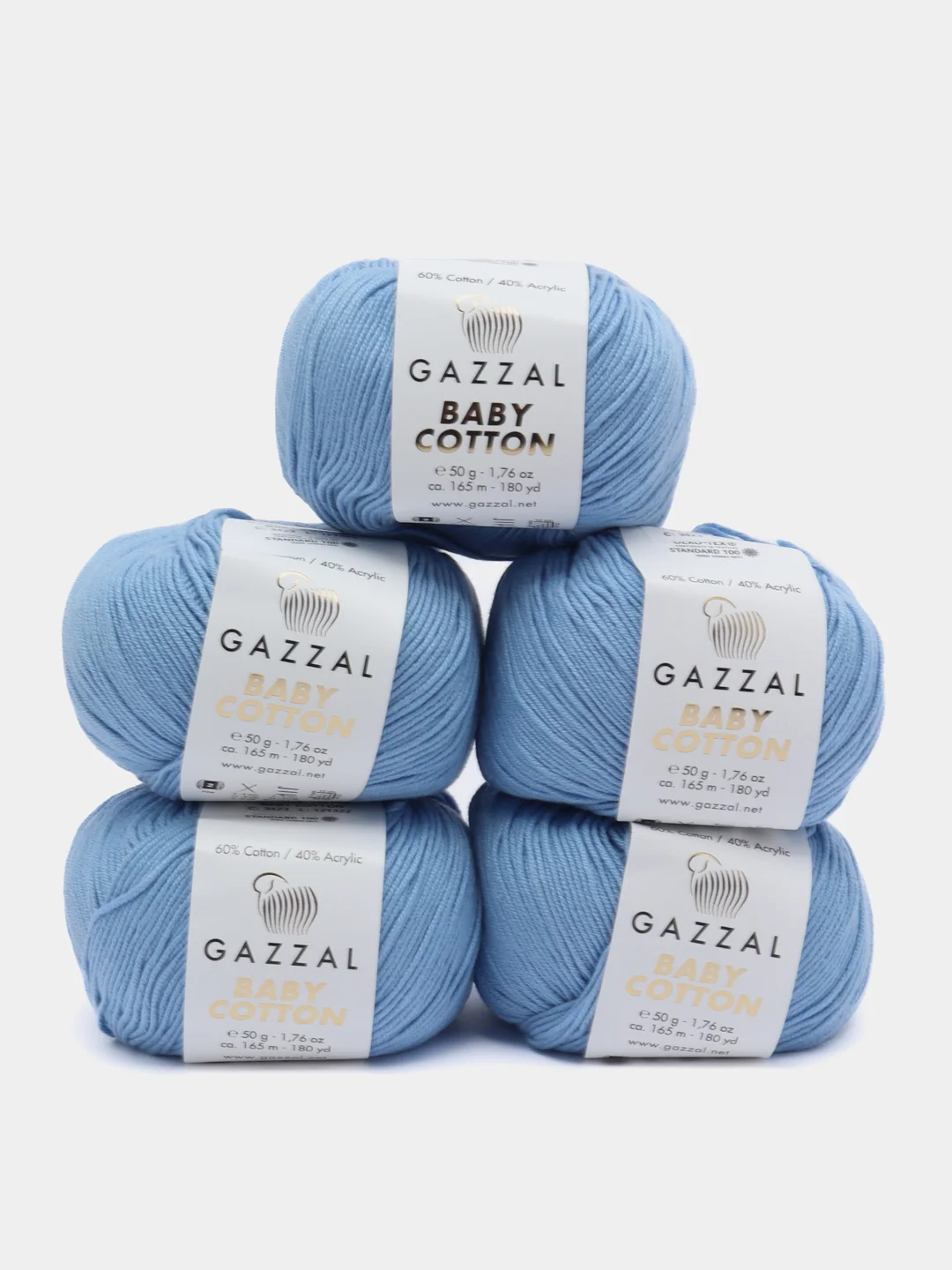Небесно-голубой пряжа Gazzal Baby Cotton, 5 мотков в комплекте, 40% акрил, 60% хлопок, 50 г, 165 м