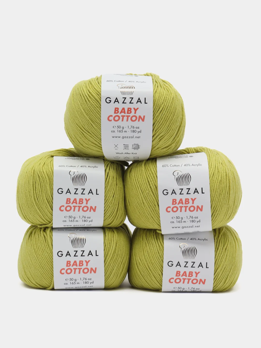 Оливковый пряжа Gazzal Baby Cotton, 5 мотков в комплекте, 40% акрил, 60% хлопок, 50 г, 165 м