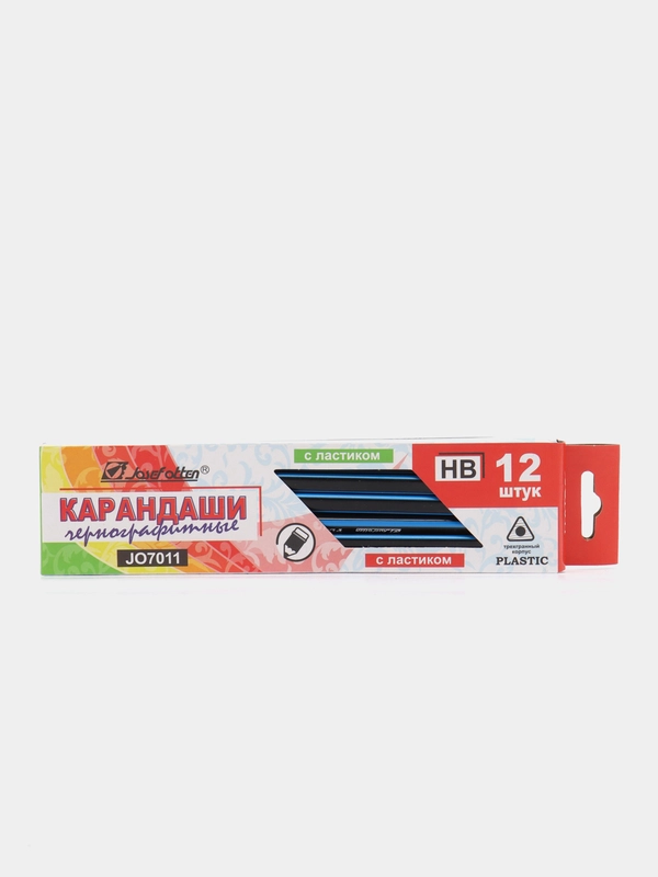 Карандаш заточенный HB, пластиковый, чернографитный, с ластиком, 12 штук
