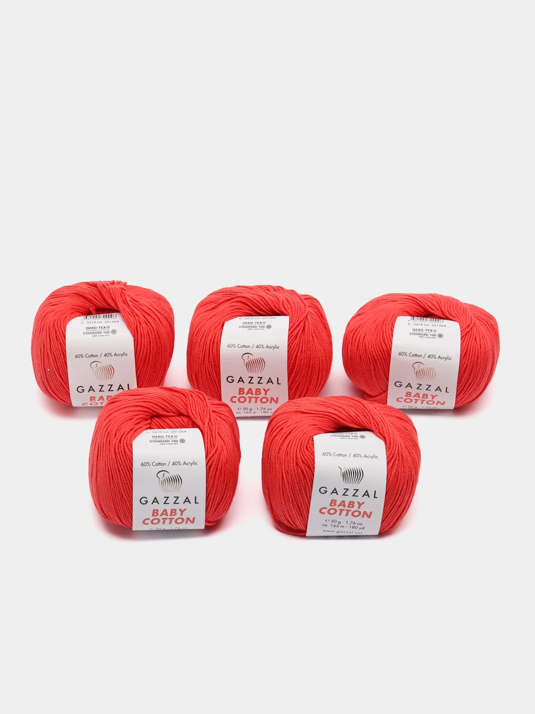 Коралловый пряжа Gazzal Baby Cotton, 5 мотков в комплекте, 40% акрил, 60% хлопок, 50 г, 165 м