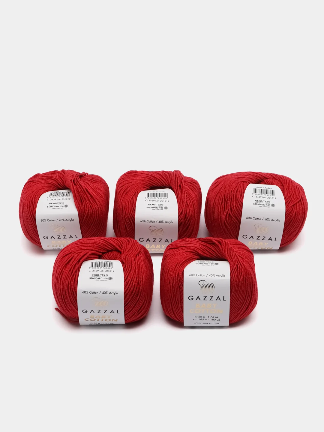 Красный пряжа Gazzal Baby Cotton, 5 мотков в комплекте, 40% акрил, 60% хлопок, 50 г, 165 м