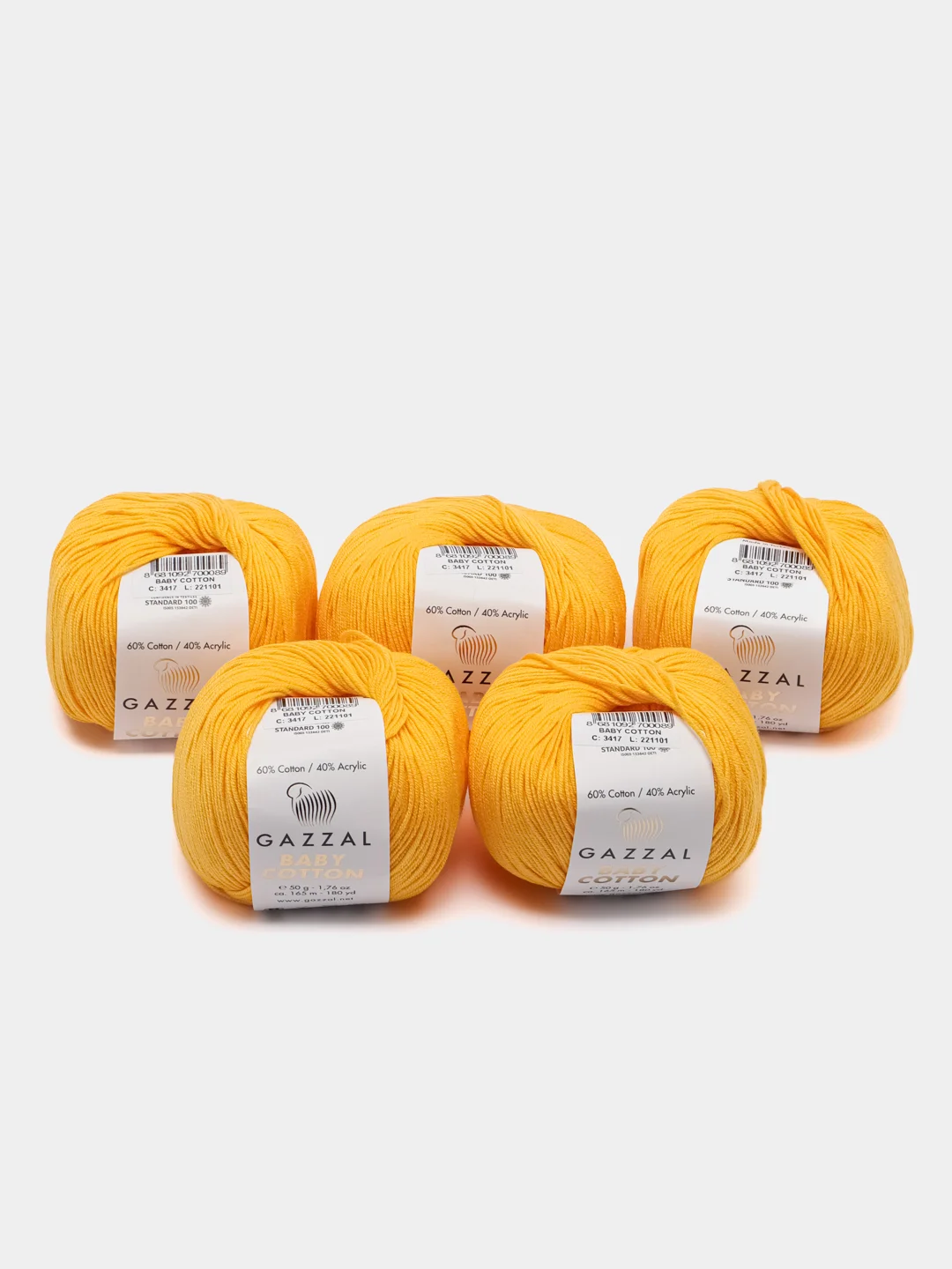 Лимонный пряжа Gazzal Baby Cotton, 5 мотков в комплекте, 40% акрил, 60% хлопок, 50 г, 165 м