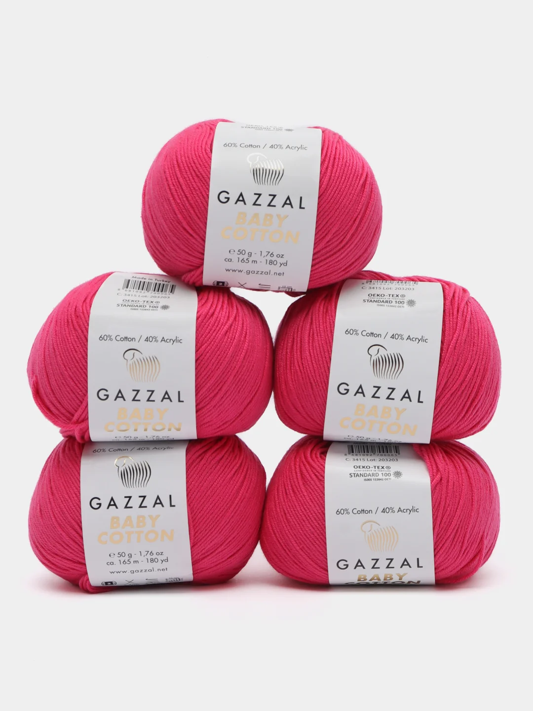 Алый пряжа Gazzal Baby Cotton, 5 мотков в комплекте, 40% акрил, 60% хлопок, 50 г, 165 м