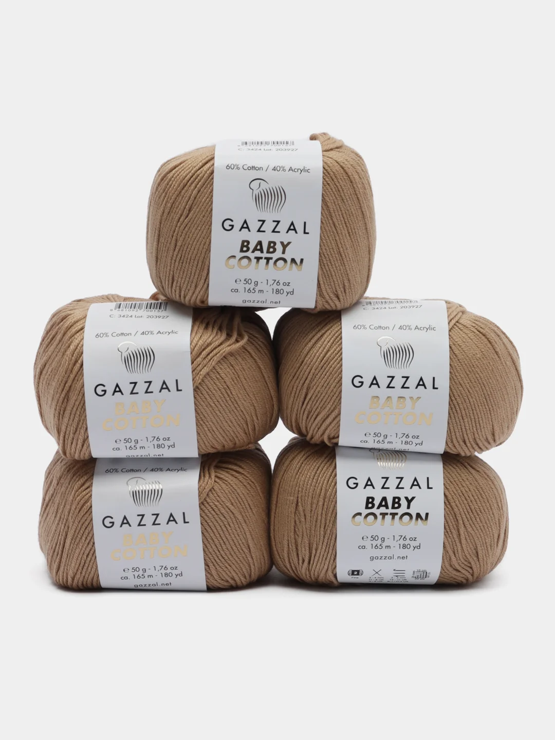 Бежевый пряжа Gazzal Baby Cotton, 5 мотков в комплекте, 40% акрил, 60% хлопок, 50 г, 165 м