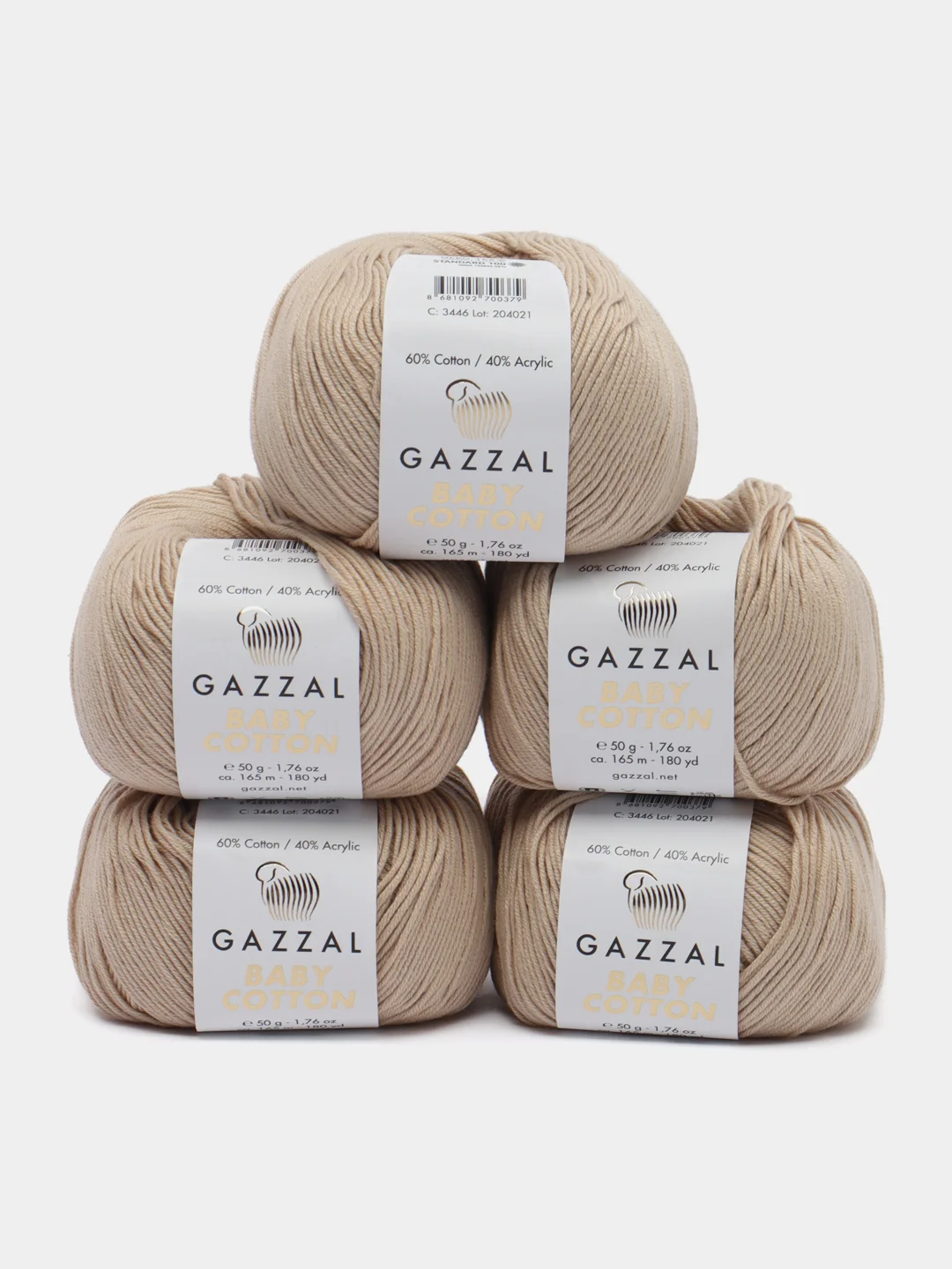 Бежевый меланж пряжа Gazzal Baby Cotton, 5 мотков в комплекте, 40% акрил, 60% хлопок, 50 г, 165 м