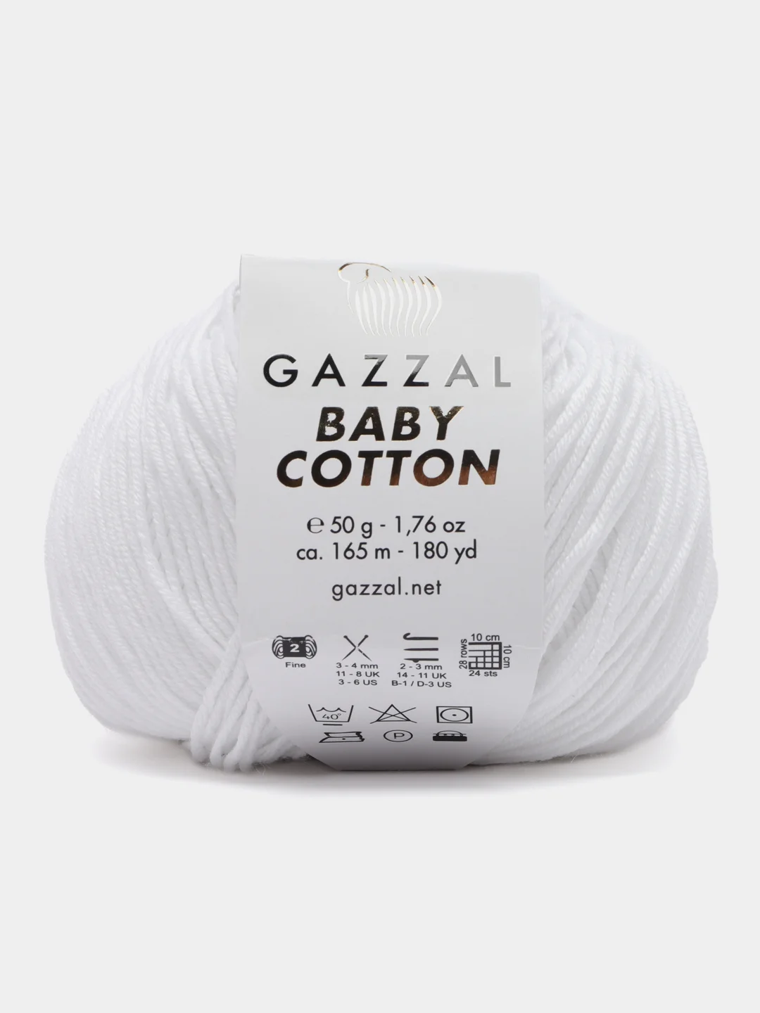 Белый пряжа Gazzal Baby Cotton, 5 мотков в комплекте, 40% акрил, 60% хлопок, 50 г, 165 м