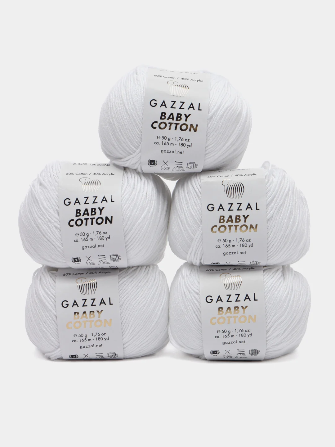 Белый пряжа Gazzal Baby Cotton, 5 мотков в комплекте, 40% акрил, 60% хлопок, 50 г, 165 м