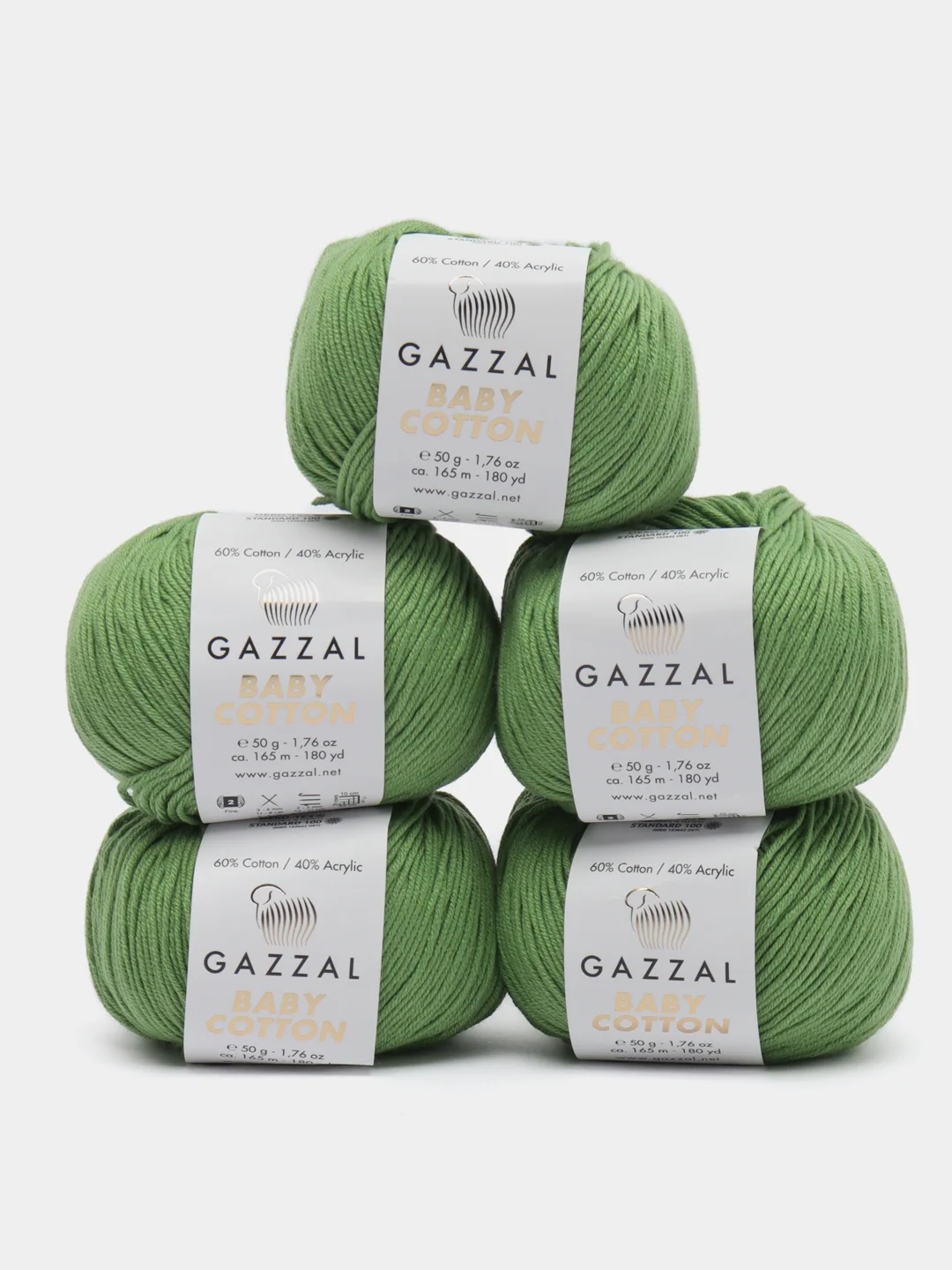 Бирюзовый пряжа Gazzal Baby Cotton, 5 мотков в комплекте, 40% акрил, 60% хлопок, 50 г, 165 м