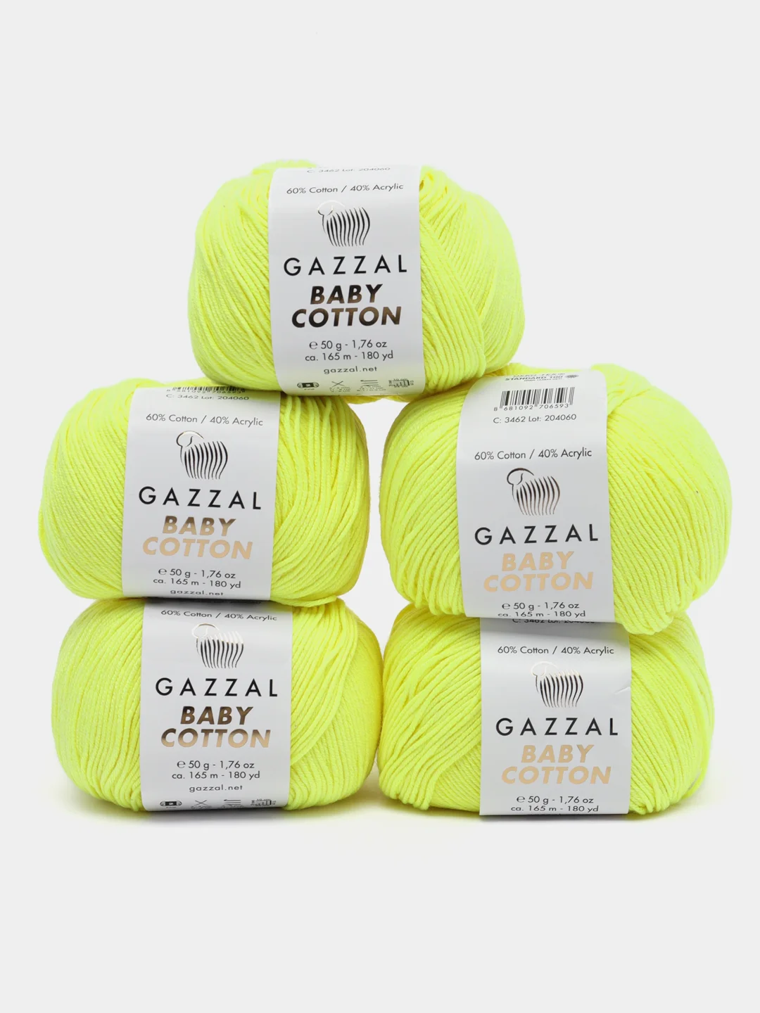 Горчичный пряжа Gazzal Baby Cotton, 5 мотков в комплекте, 40% акрил, 60% хлопок, 50 г, 165 м