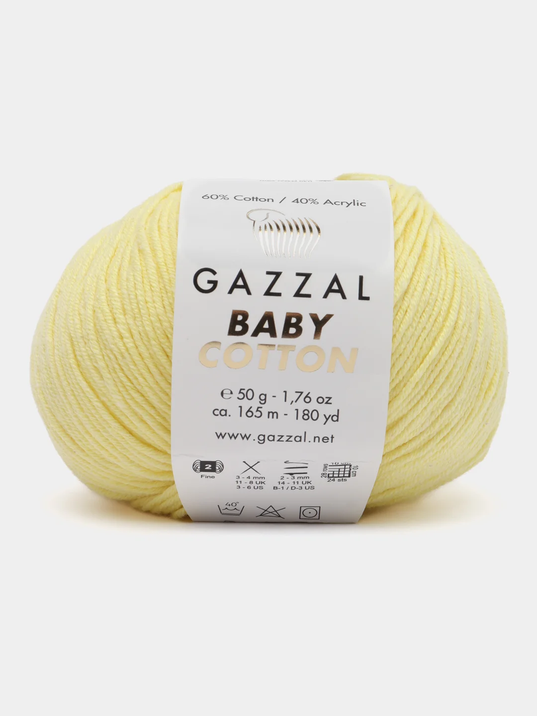 Желтый пряжа Gazzal Baby Cotton, 5 мотков в комплекте, 40% акрил, 60% хлопок, 50 г, 165 м